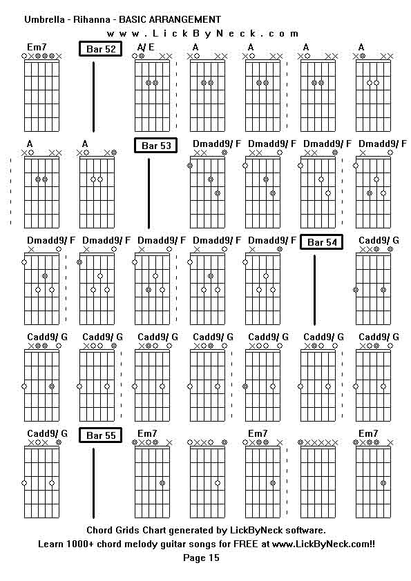 Chord Grids Chart of chord melody fingerstyle guitar song-Umbrella - Rihanna - BASIC ARRANGEMENT,generated by LickByNeck software.